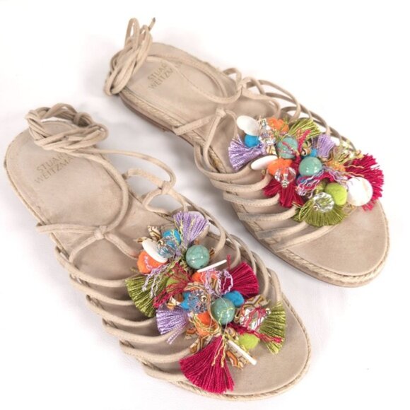 Stuart Weitzman Flats Noodles Beach Suede Embellished Lace Up Slide Size 9